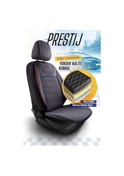 Siyah - Kırmızı Panda Prestij Serisi Dokuma Kumaş Oto Koltuk Kılıfı - Tam Set