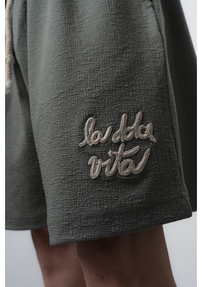 Erkek La Dolce Vita Yazılı Regular Fit T-shirt Şort Takım Haki