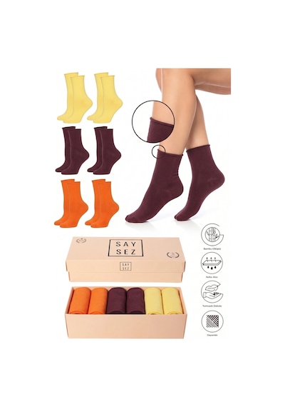 Saysez Bambu Kadın Lastiksiz Bordo-turuncu-sarı Soket Dikişsiz Premium Çorap Kutulu 6'lı / İz Bırakmaz / Sıkmayan Çorap Çok Renkli