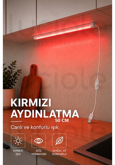 50 Cm Kırmızı Led Işık Usb Anahtarlı Dekoratif Gaming Masa Vitrin Raf Yapışkanlı Aydınlatma Barı
