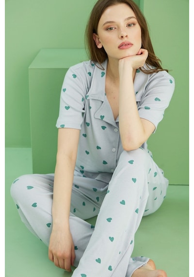 Siyah İnci Fitilli Kaşkorse Örme Düğmeli Gömlek Yaka Pijama Takım mavi