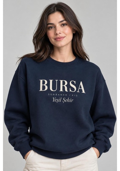 Gıovera Bursa Şehir Yazılı Bisiklet Yaka Kadın Sweatshirt Lacivert