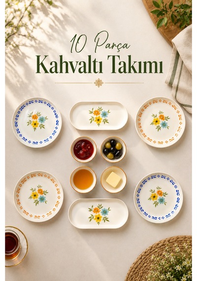 10 Parça 4 Kişilik Rosalia Stoneware Kahvaltı Takımı - Özel Desenli Kahvaltılık Servis Sunum Seti Çok Renkli