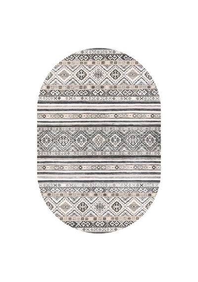 Etnik Kilim Desenli Pamuk Taban Yıkanabilir Baskılı Dekoratif Oval Halı Gri Vizon