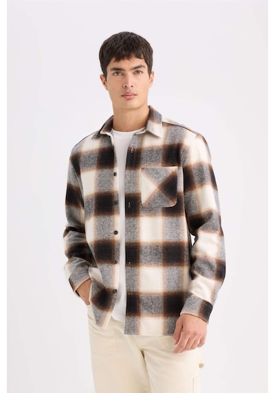 Defacto Regular Fit Polo Yaka Kareli Flanel Uzun Kollu Gömlek D2320AX24AUBN279 Kahve
