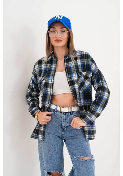 Polologin Butik Kadın Oduncu Çift Cepli Mavi Siyah Spor Kesim Gömlek Lacivert