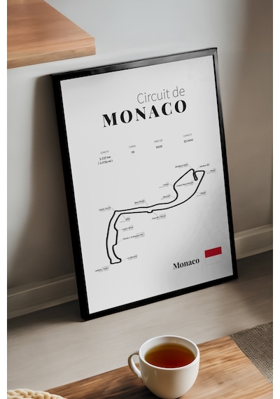 Monaco Formula 1 Siyah Ahşap Çerçeveli Poster, Dekoratif Harita Duvar Tablosu
