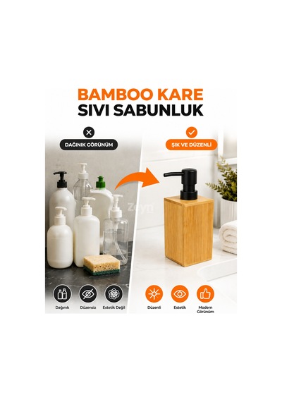 Bamboo Kare Sıvı Sabunluk Doğal Bambu, Siyah Pompalı, Yeniden Doldurulabilir Banyo & Mutfak Sabun Ve Losyon Dispenseri