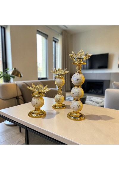 Sleep Nova Lotus Kristal Şamdan Mumluk Gold Beyaz Mermer Desenli