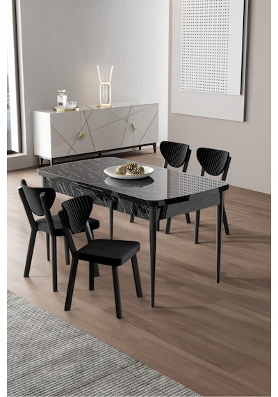 Canisa Exve Serisi 80x132 Açılabilir Siyah Mermer Desen Masa Takımı Ve 4 Siyah Sandalye Masa Siyah Mermer Desen Sandalye Siyah