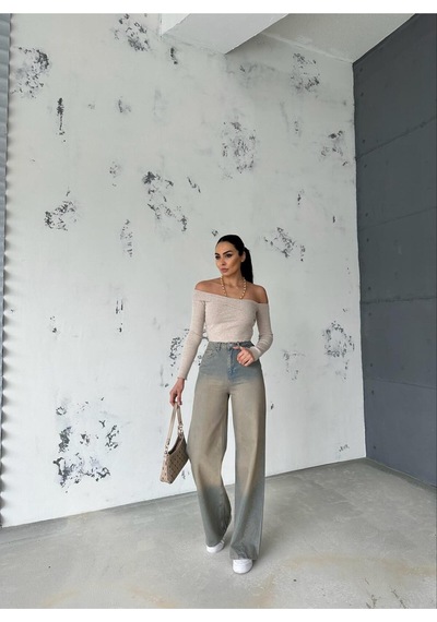 Zeo Basic Denim Baggy Pantolon Yandan Çapraz Dikişli Bej Tintli Bej