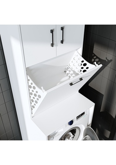 Çamaşır Sepetli Çamaşır Makinesi Dolabı, Banyo Dolabı Mat Beyaz