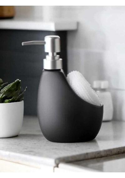 Lüks Porselen Mat Siyah Süngerli Banyo Mutfak Sıvı Sabunluk 500 Ml Bulaşık Deterjanlık Gümüş Kapak Siyah