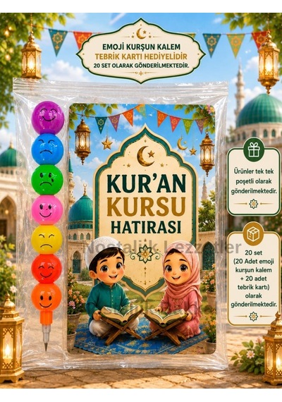 Kur'an Kursu Hatırası 20 Adet Emoji Yumurtlayan Kurşun Kalem Tebrik Kartı Hediye Seti