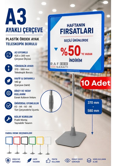 10 Adet - A3 Ayaklı Fiyat Etiketi Yönlendirme Levhası Teleskopik Çerçeve Seti Menü Ve Fiyatlık Panosu Mavi