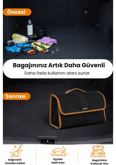 Oto Bagaj Organizer Bagaj Çantası L Boy Kaymaz Cırt Bantlı Velur Kompakt - Siyah Kahverengi