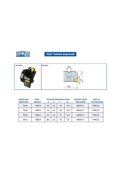 Mertsan Yüzey Tarama Başlığı D080-4 80x45 Mm Takım Ölçüsü, 4 Adet Tpkn 22 Kesici Uç Kullanır