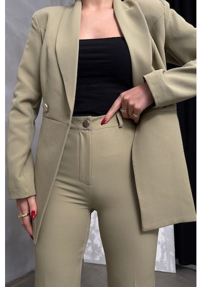 Msm Fashion Kadın İkili Blazer Ceket Pantolon Takım Pile Ve Düğme Detaylı Boru Paça Açık Haki