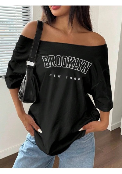 Startmore Startmore Büyük Beden Kayık Yaka Brooklyn Baskılı Oversize %100 Pamuk Siyah