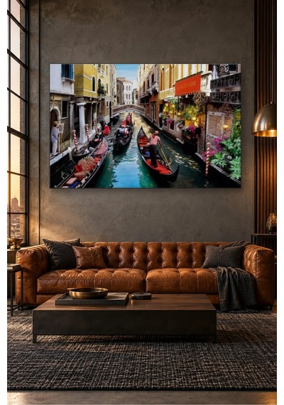 Fida Venedik Kanalında Çiçekli Trattoria Ve Gondollar Canvas Tablo Çok Renkli