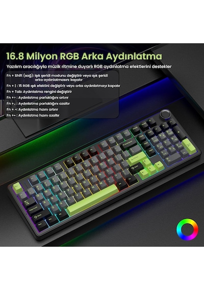 Aula F99 Pro 3 Modlu Rgb Hot Swap Mekanik Graywood V3 Switch Kablosuz Makrolu Klavye Yeşil