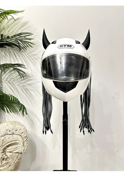 Motor & Motosiklet 3d Baskı Siyah Şeytan Boynuzlu Gri Örgülü Çift Saç Kask Dış Aksesuarı Diğer