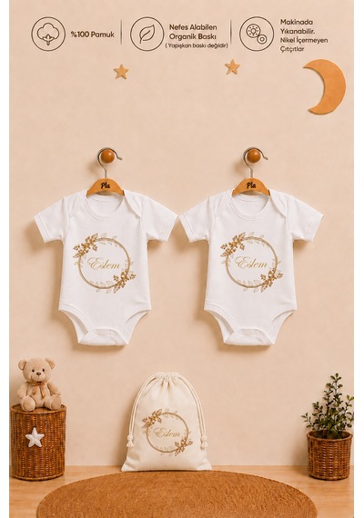 Pia Baby İsme Özel Kız Bebek Hediyesi 2'li %100 Pamuk Organik Baskılı Çıtçıtlı Body Zıbın Ve Ham Bez Kıyafet Kesesi 1054b2k2x Ekru