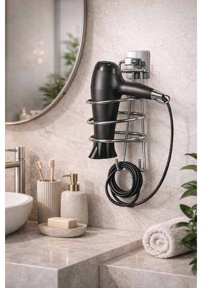 Alper Banyo Krom Kare Fön Makinesi Askısı Saç Kurutma Makinesi Tutacağı Yapışkanlı