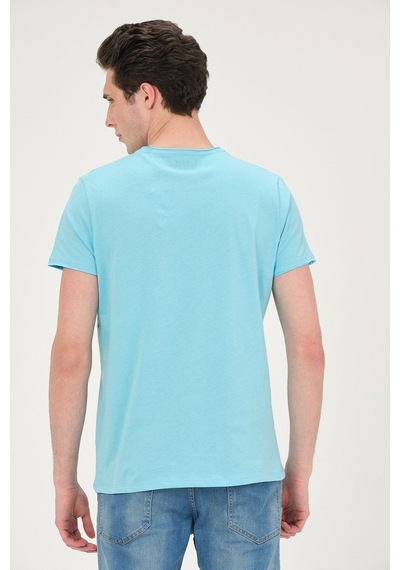 Erkek Yıkamalı Basic T-shirt Tişört %100 Pamuk Tişört Turkuaz