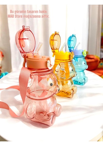 Sevimli Ayıcık Figürlü Su Matarası - Ayıcıklı Smile Şeffaf Suluk Okul Su Şişesi 700ml Pembe Plastik Diğer