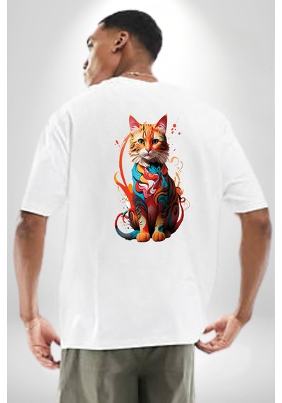 Renkli Yağlı Boya Kedi Beyaz Oversize Unisex Ön Ve Sırt Baskılı Tişört Beyaz
