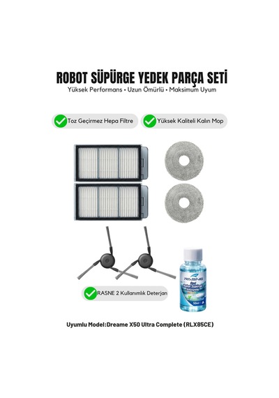 Dreame X50 Ultra Complete Rlx85ce İle Uyumlu 2 Yan Fırça 2 Filtre 2 Mop 1 Deterjan 1.0
