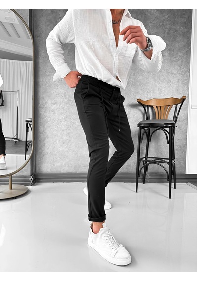 Modefendi İp Ve Düğme Detaylı %100 Gofre Kumaş Jogger Pantolon Siyah