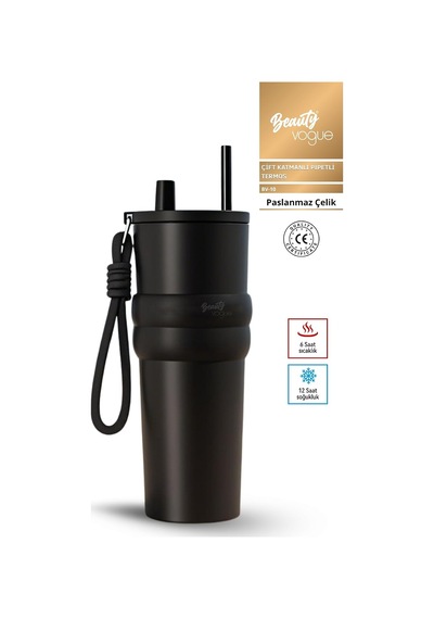 Lüks Çelik Termos Bardak - Çift Yalıtımlı Pipetli Mug - Mat Siyah-sıcak-soğuk Çok Renkli