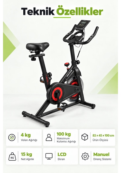 Kochler Spin Kondisyon Bisikleti 4 Kg Volanlı, Ayarlanabilir Dirençli Egzersiz Bisikleti Kırmızı Siyah - Kırmızı