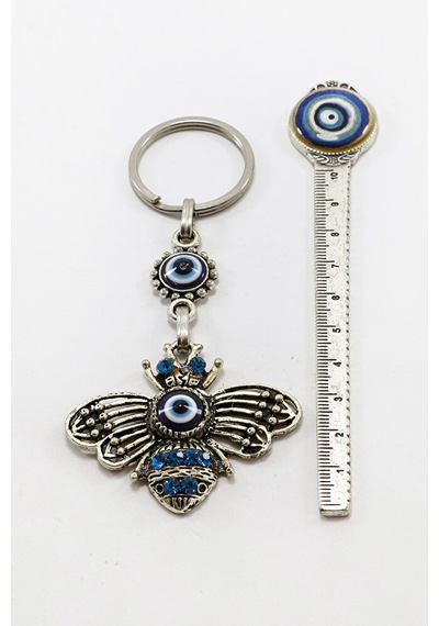 Gri Halkalı Turkuaz Parlak Taşlı Metal Arılı Anahtarlık, Hediyeli