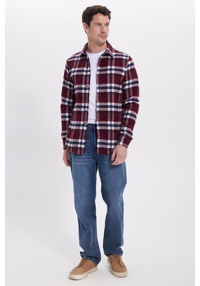 Tudors Erkek Slim Fit Dar Kesim Kareli Kışlık Oduncu Gömlek-42206 Bordo