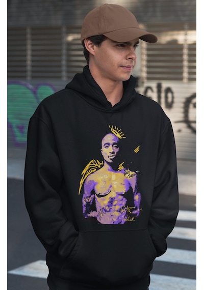 Sevbano Tasarım Tupac Rapper Baskılı Unisex Oversize 2pac Şarkıcı Hoodie Siyah
