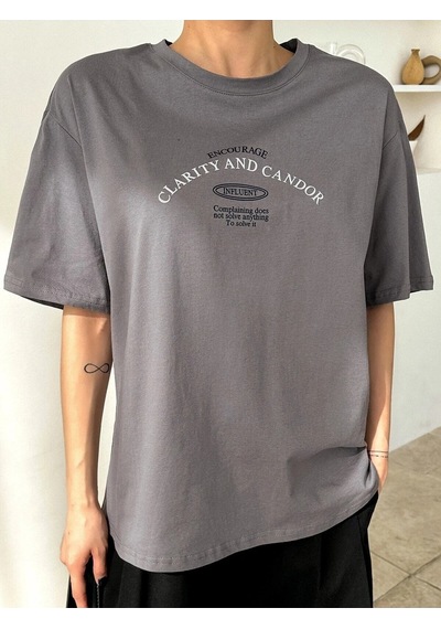 Flood Of Style Kadın Füme Clarity And Candor Baskılı Oversize T-shirt Gri