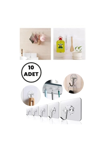 10 Adet Güçlü Yapışkanlı Şeffaf Duvar Askısı Suya Dayanıklı Banyo Şeffaf