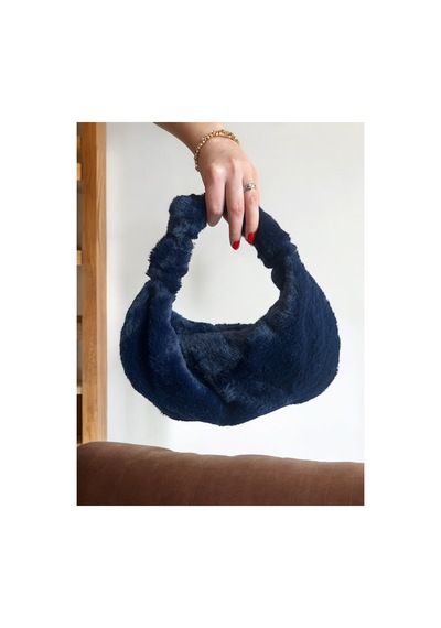 Plush Studıo Istanbul Puff Pouch Mini Kol Çantası, Tavşan Tüyü Peluş Çanta Lacivert Lacivert