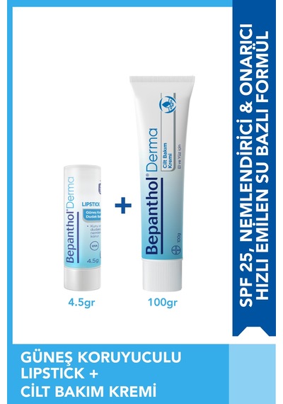 Bepanthol Derma Cilt Bakım Kremi 100 G + Lipstick Güneş Koruyucu Dudak Bakım Kremi 4.5 ML + Bel Çantası