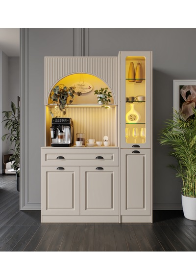 Siena Kum Beji Midi Sağ Vitrinli 130 Cm Komple Mdf Led Aydınlatmalı Kahve Köşesi