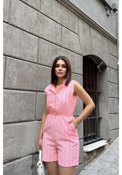 Fosforlu Pembe Kolsuz, Düğmeli Hakim Yaka, Beli Lastikli, Cepli, Şort Modelli Kısa Çizgili Tulum Oranj Fosforlu Pembe Kolsuz, Düğmeli Hakim Yaka, Beli Lastikli, Cepli, Şort Modelli Kısa Çizgili Tulum Oranj