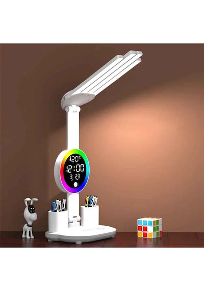Monozone Rgb Şarjlı Led Masa Lambası Fanlı 4başlı Lamba Rgb Saat Ekranlı Kısılabilir Çalışma Lambası Beyaz