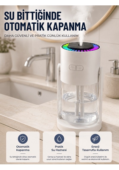 Lexroo Led Işıklı Hava Nemlendirme Cihazı Şeffaf Su Hazneli Sessi