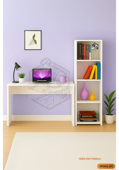 Tamamı Mdf Boy Kitaplıklı 4 Raflı Çalışma Odası Seti