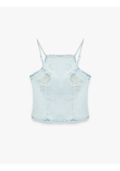 Koton Kare Yaka Nakışlı Sırt Detaylı Kolsuz Denim Bluz Açık İndigo 6sal30023md