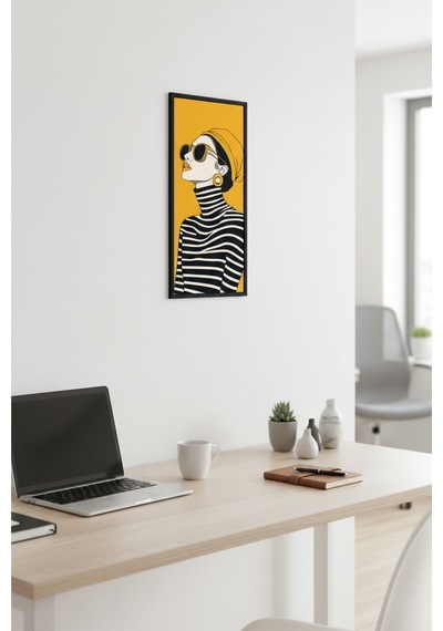 Kadın Figürlü Dekoratif Duvar Tablosu 25x60 Cm Siyah Çerçeveli Modern Dikey Tablo