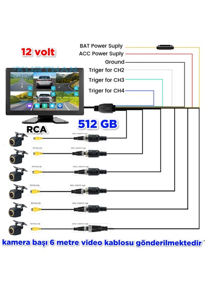 6 Ch 512 Gb 10 İnç Dokunmatik Usb Bsd Dvr Ekran 170'' Balık Gözü Ahd 720p Rca Kamera 12 Volt